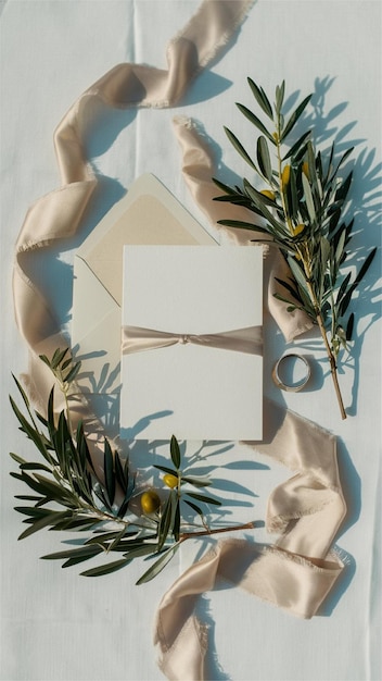 Photo wedding invitation adorned with olive branches and a ribbon exuding elegance and natural beauty