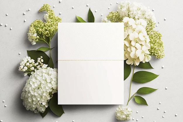 wedding Invitation card empty white mockup with gypsophila flower decorations Generative AI