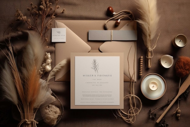 Wedding Invitation Card Mockup with Feathers and Candle