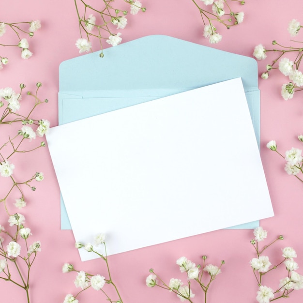 Wedding invitation card mockup with white gypsophila plant twigs Blank card mockup on pink background