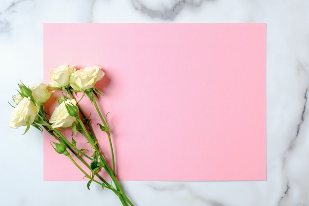 Wedding invitation card. Rose flowers and blank pink paper card on marble background. Wedding concept.