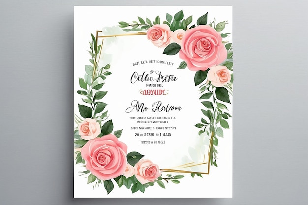 Photo wedding invitation card template with beautiful rose flower frame