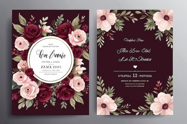 Wedding Invitation Card with Beautiful Blooming Floral Burgundy Color