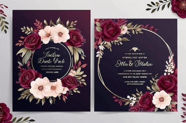 Wedding Invitation Card with Beautiful Blooming Floral Burgundy Color