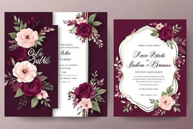 Wedding Invitation Card with Beautiful Blooming Floral Burgundy Color