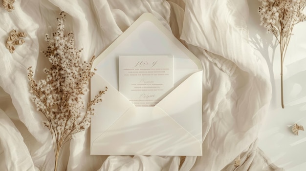 Wedding invitation card with flowers top view