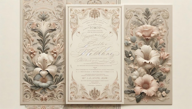 Photo a wedding invitation is displayed on a wall with flowers and words quot wedding quot