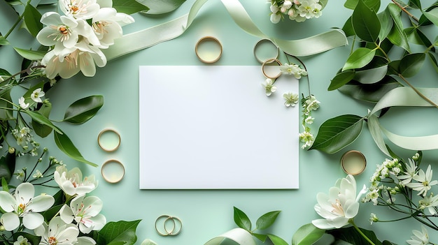 Photo wedding invitation mockup with white flowers and green leaves