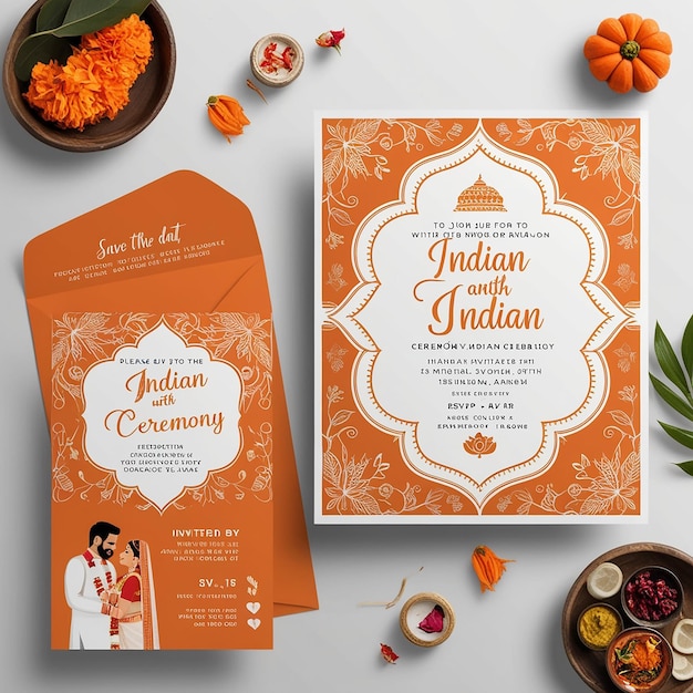 Photo wedding invitation template layout with indian couple image in white and orange color