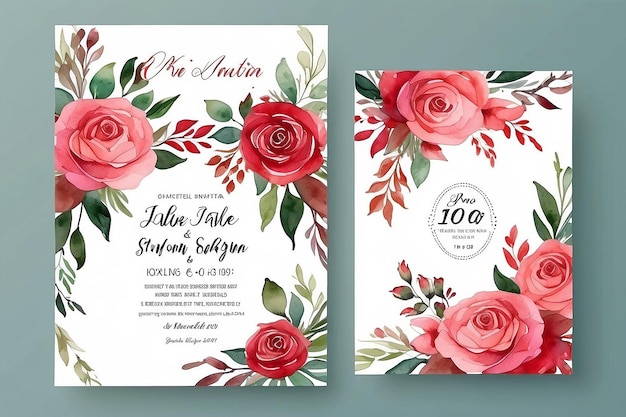 Photo wedding invitation watercolor floral rose red template