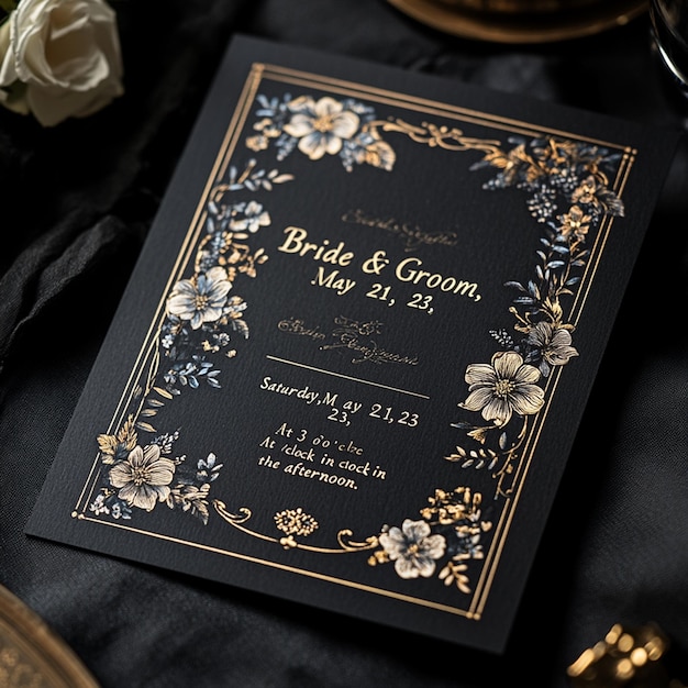 Wedding invitation with black and gold background