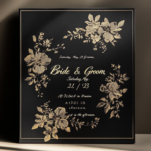 Photo wedding invitation with black and gold background