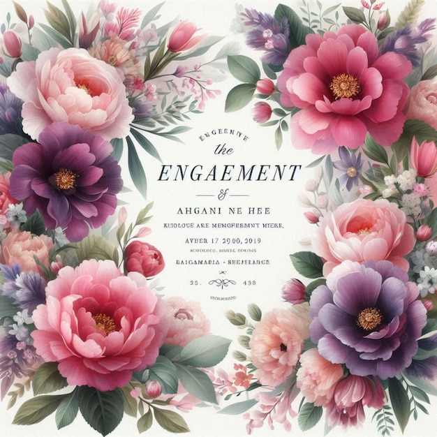 A wedding invitation with flowers and a card that says engagement