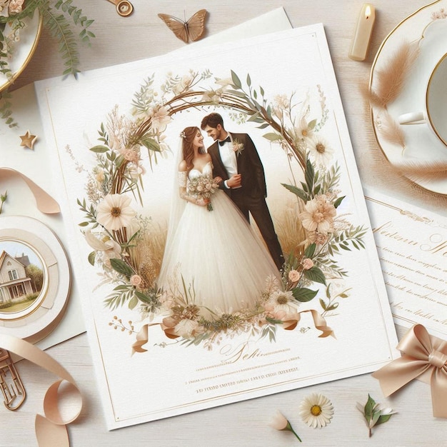 A wedding invitation with flowers and a couple of people