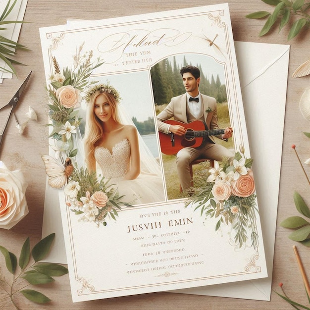 A wedding invitation with flowers and a couple of people