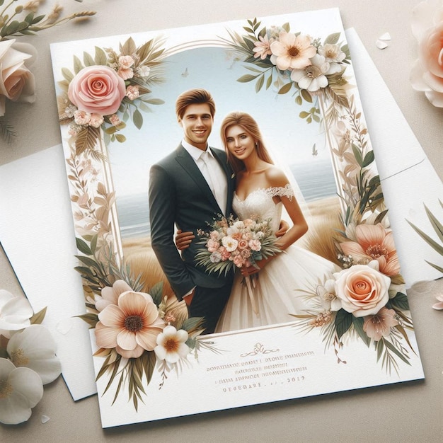 A wedding invitation with flowers and a couple of people