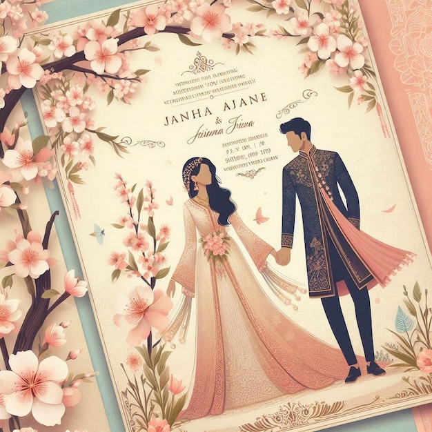 A wedding invitation with flowers and a couple of people