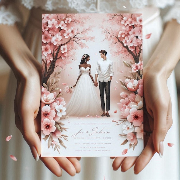 A wedding invitation with flowers and a couple of people