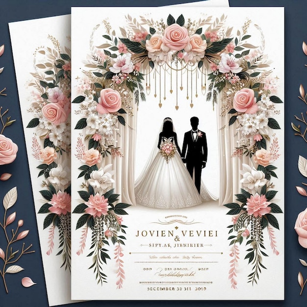 A wedding invitation with flowers and a couple of people