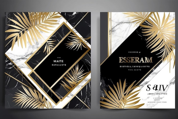 Photo wedding invitation with palm leaves gold black white marble template artistic covers design