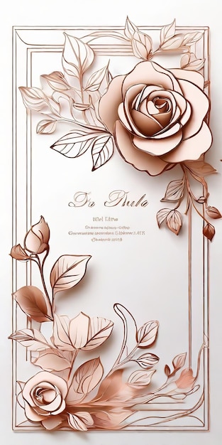 a wedding invitation with a pink rose and gold leaf