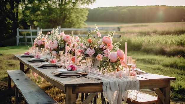 A wedding large long decorated wooden table and chairs covered with a white tablecloth with dishes