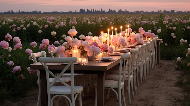 A wedding large long decorated wooden table and chairs covered with a white tablecloth with dishes