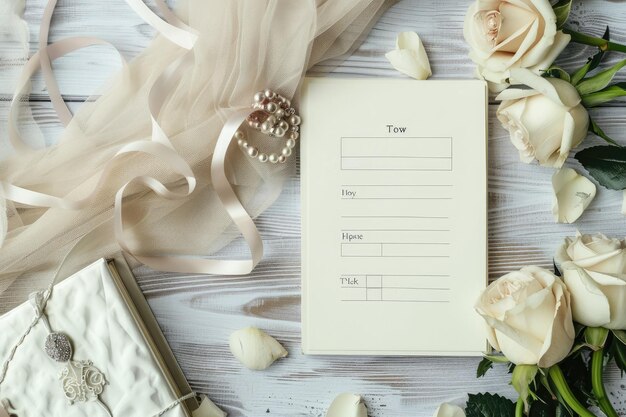 Photo wedding to do list with flowers mockup planner flat lay