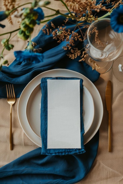 Photo wedding menu on plates on a table setting invitation card mockup for weddings or event decoration