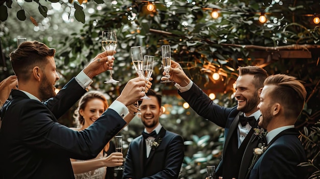 Photo wedding party toasting with champagne outdoor celebration friends and family formal attire evening reception joyful gathering festive atmosphere generative by ai