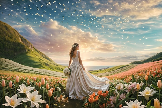 wedding photo of a bide in a lily field