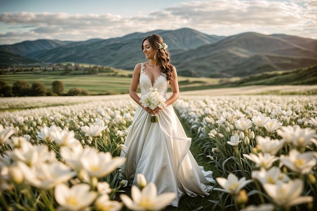 wedding photo of a bide in a lily field