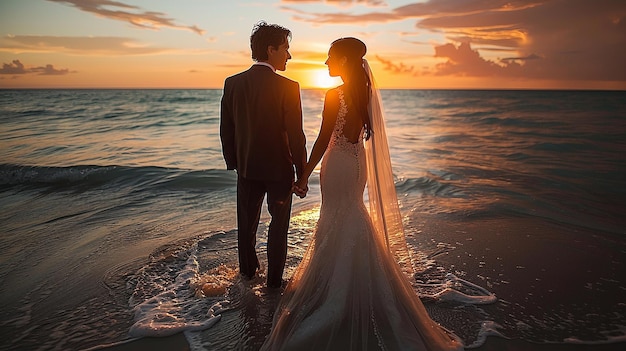 a wedding photo of a couple on the beach