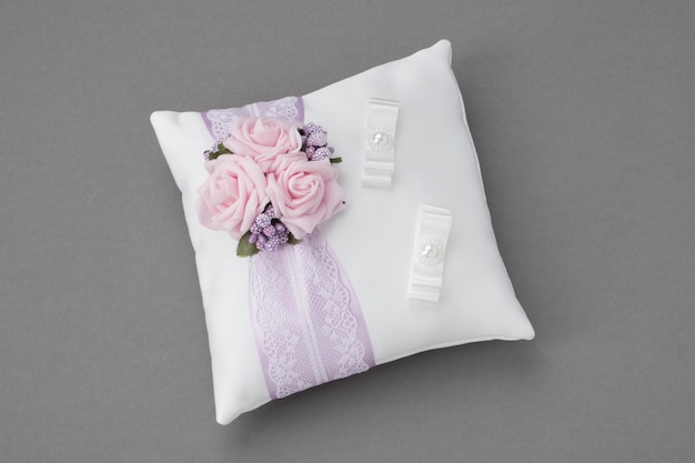 Wedding Pillow for Rings decorated with pink roses and lace