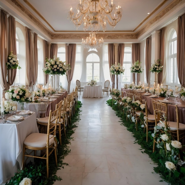 a wedding reception is set up in a ballroom with a table set for two people