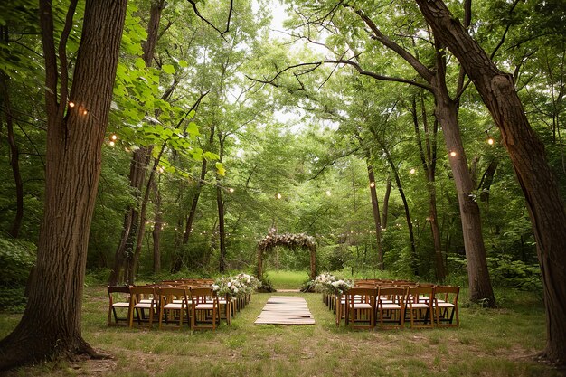 Photo wedding reception setup in forest with string lights wooden chairs and floral arch