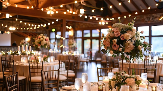 Wedding reception venue elegantly decorated with floral arra Marriage luxury flowers holiday wedding small luminous points comfort Advertising image concept of restaurants Generative by AI