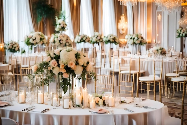 A wedding reception with a centerpiece and candles and flowers.