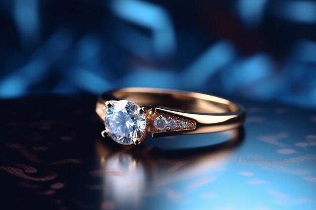 Wedding ring on a blue background in a jewelry setting