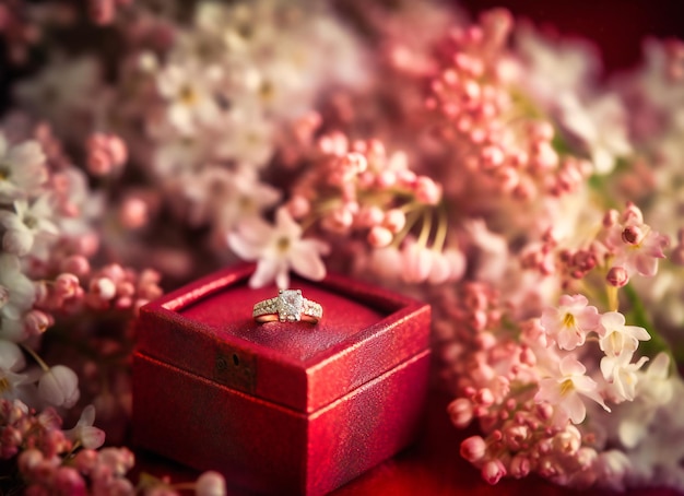 A wedding ring in a box of white flowers