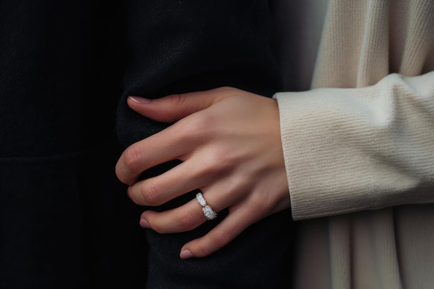 Photo wedding ring on the finger of the bride and groom close up of caucasian couple holding hands including engagement ring ai generated