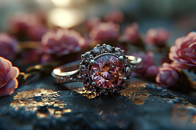 A wedding ring set on top of some pink roses