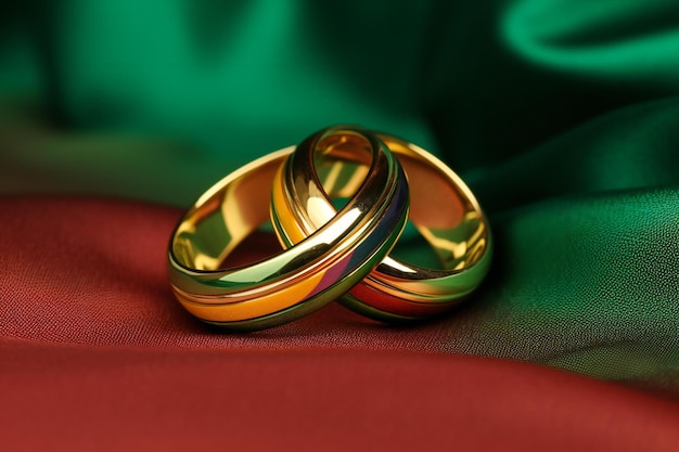 Wedding rings on a background of green and red satin