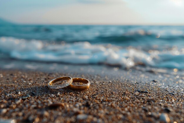 Photo wedding rings on beach ocean