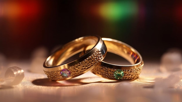 Wedding rings on bokeh background shallow dofgenerative ai