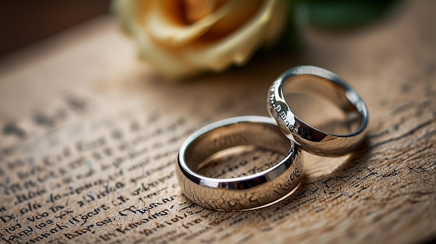 Photo wedding rings on a book with a flower in the background