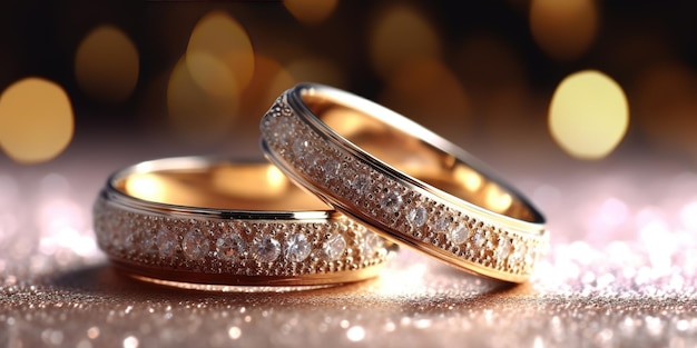 wedding rings in the corner on a sparkling glitter background