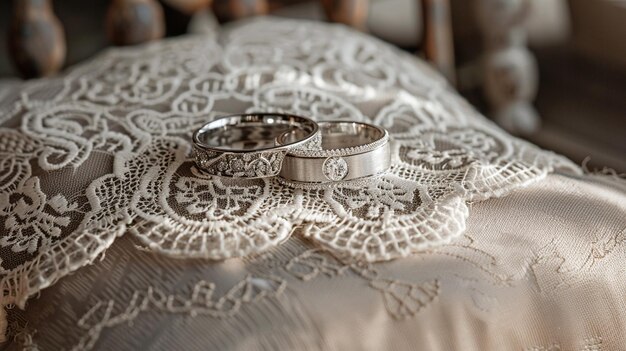 Photo wedding rings on cushion with lace trim