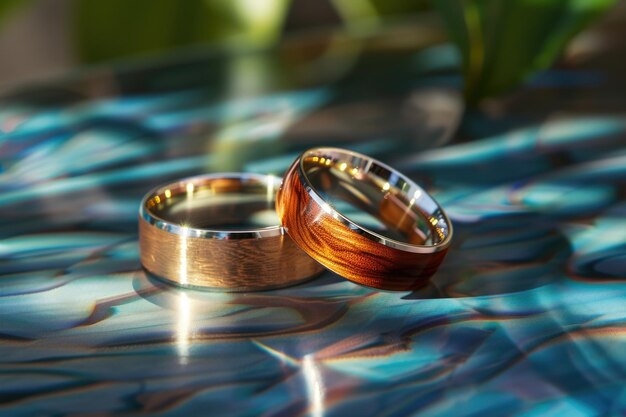 Wedding rings displayed on a table perfect for wedding or love concept