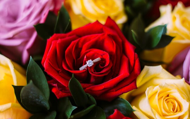 wedding rings and flowers